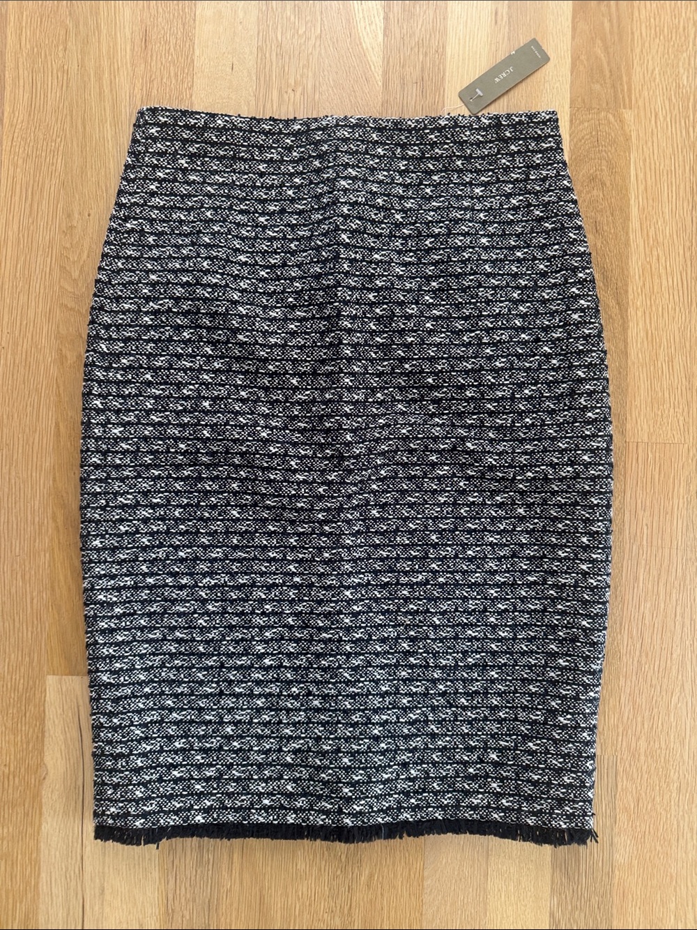 J. Crew Black White Tweed Fringe Pencil Midi Skirt Size 4 NWT